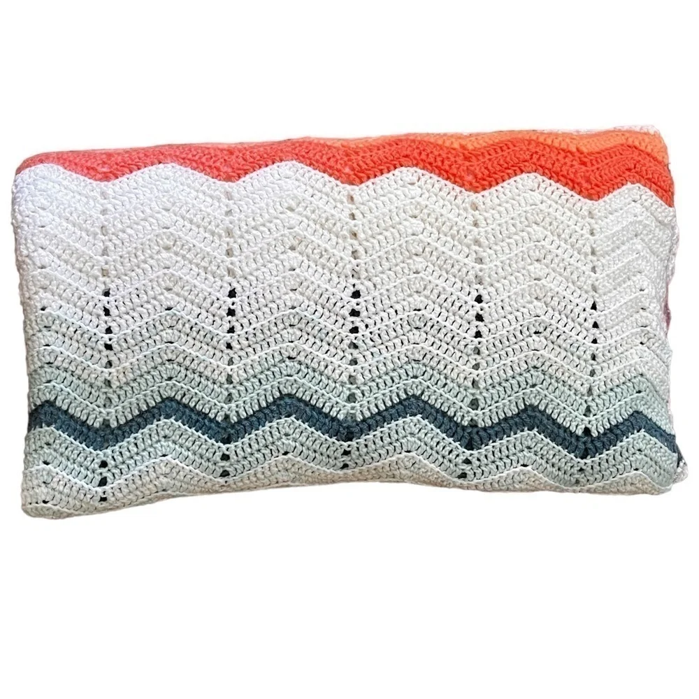 Handmade Chevron crocheted blanket throw mixed yarns 88” X 44”